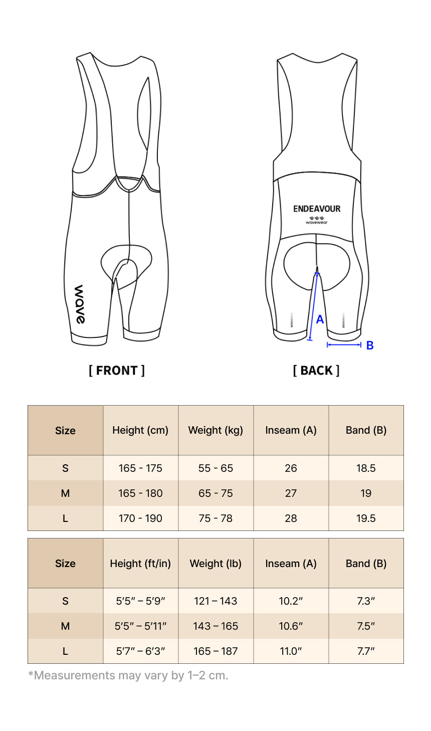 Cuissard à bretelles Endeavor kinésiologie pour le cyclisme size chart