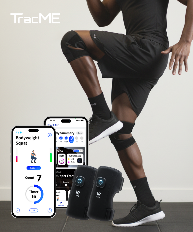 自重スクワットをするアスリートの膝サポーター、スマホアプリのインターフェースとBluetoothトラッキングデバイスを見せるTracMEロワーボディトラッキングAIワークアウトキット