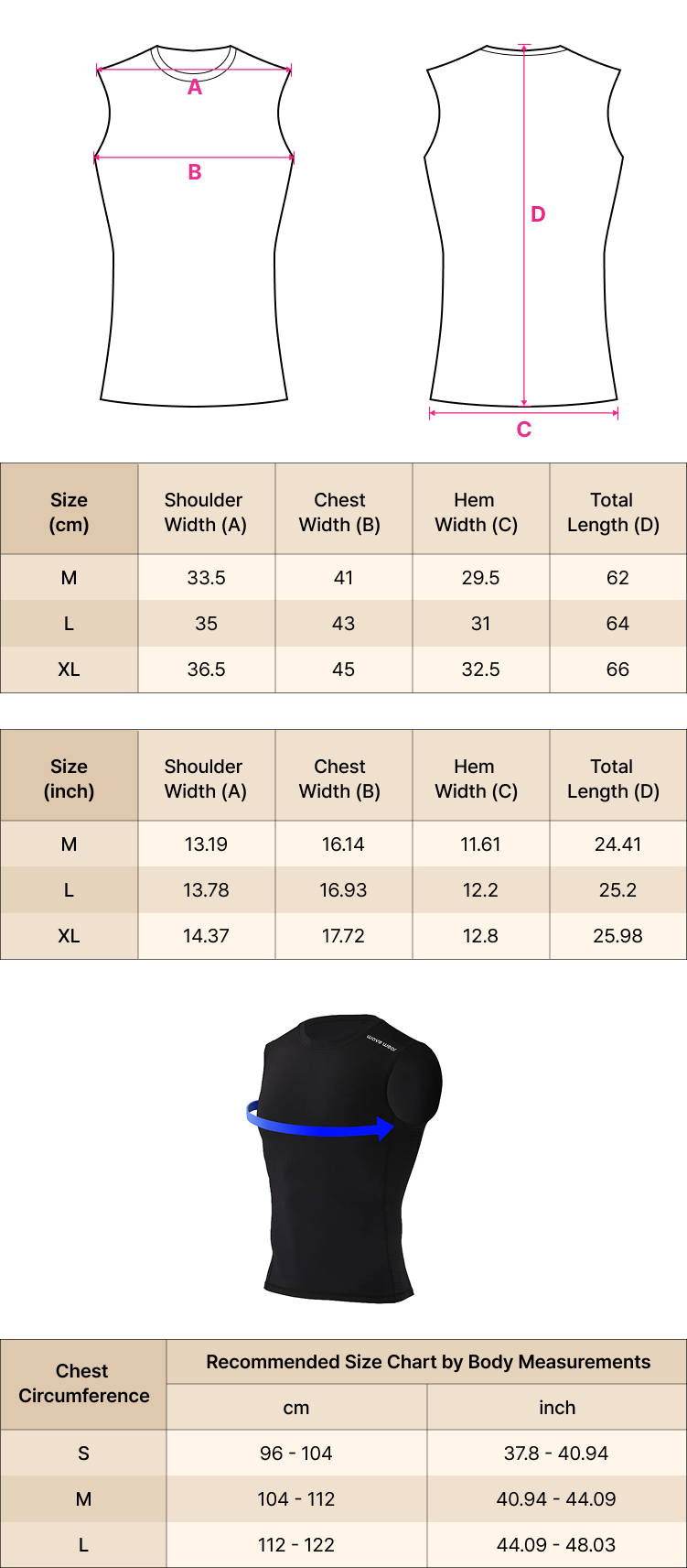 Débardeur de compression avec taping renfort dos R10 size chart