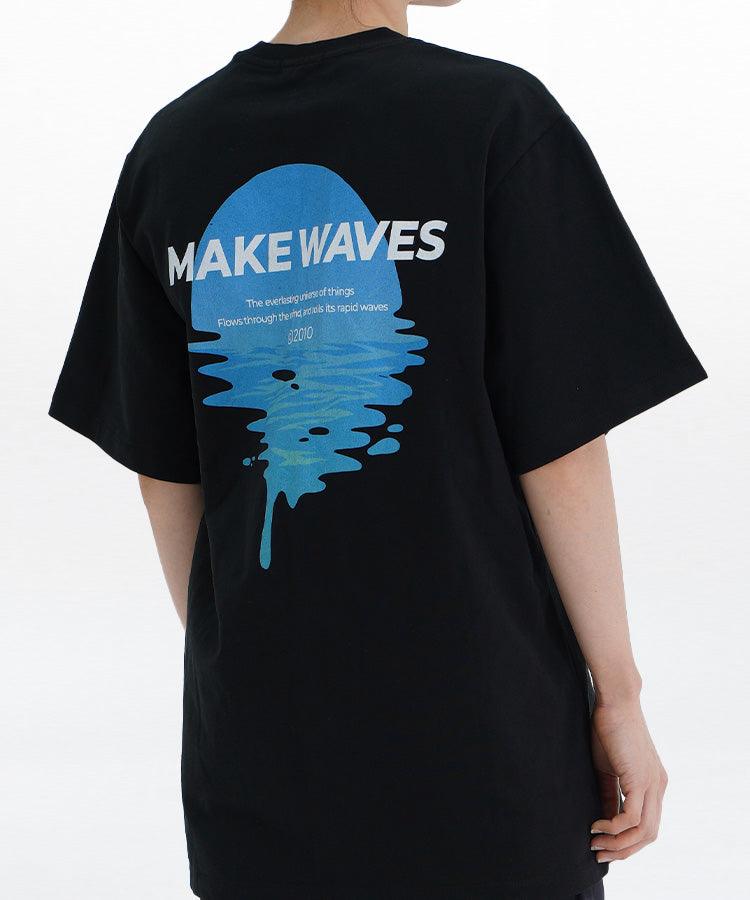 WaveWear black Blue Moon performance shirt with blue wave graphic and Make Waves text on back