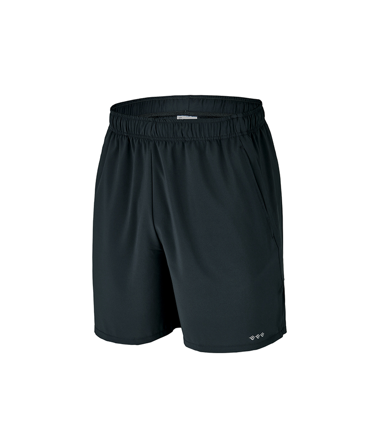 Pantalón corto deportivo Split para hombre, foto plana frontal en negro mostrando el cordón ajustable, el tejido ligero transpirable y el logo de WaveWear