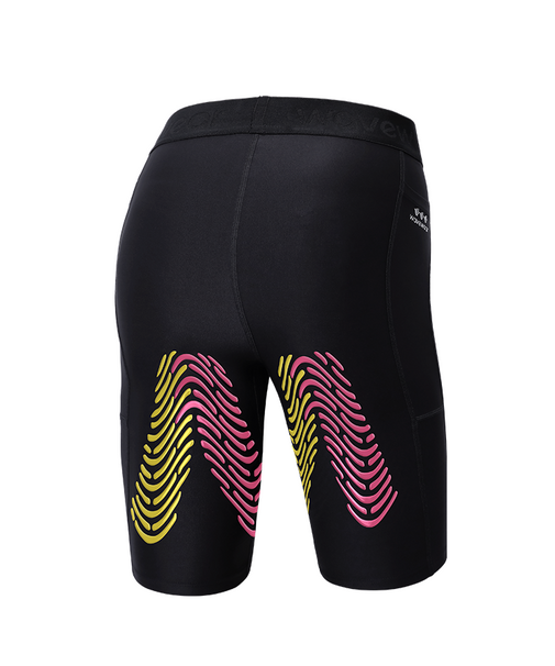 WaveWear men's compression shorts for running in black with pink and yellow wave design on the back