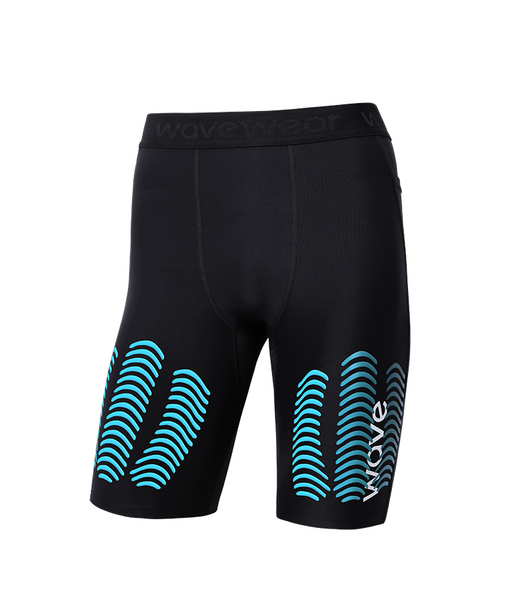 WaveWear black men's compression shorts for running with blue grip patterns on thighs