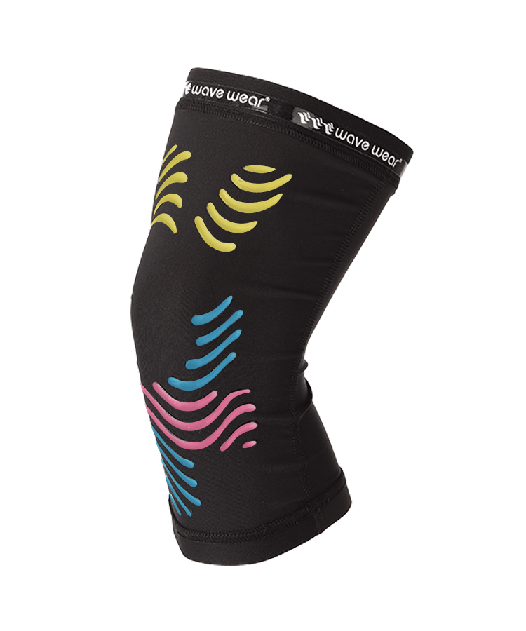 WaveWear black leg sleeve with colorful wave patterns kinesiology knee support sleeve