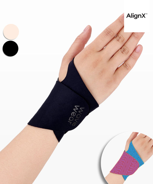 WaveWear black wrist kinesiology support wrap on hand providing compression and support