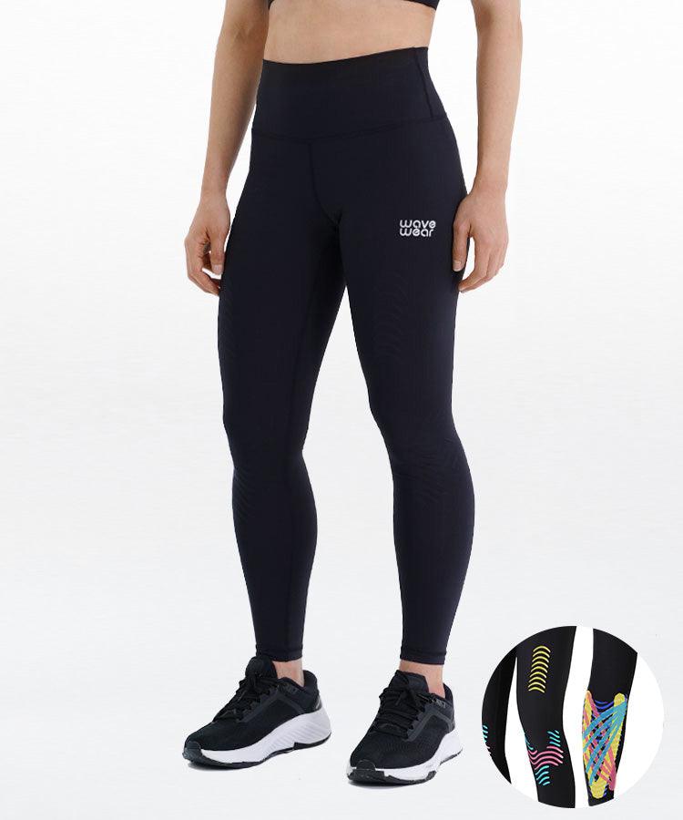 WaveWear black calf and knee support leggings for active wear with high waistband and compression fit