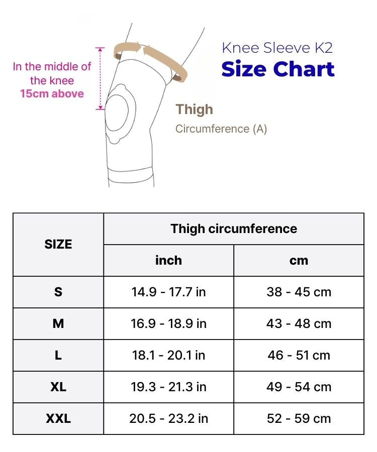 WaveWear knee compression sleeve for stability with size chart for optimal fit and support