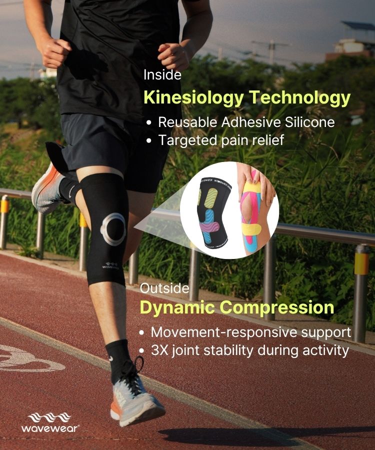WaveWear knee compression sleeve for stability with kinesiological technology for joint support and pain relief