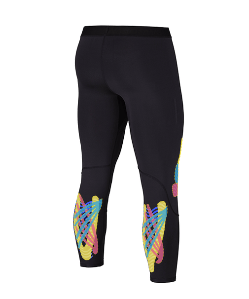 WaveWear men's compression leggings for running with colorful abstract design on black fabric