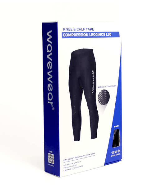 WaveWear men's compression leggings for running in black with knee and calf tape support