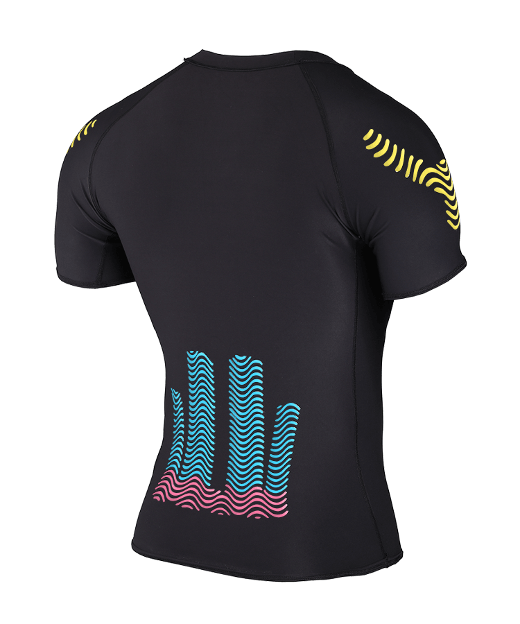 WaveWear men's compression top in black with yellow shoulder and blue pink back wave design