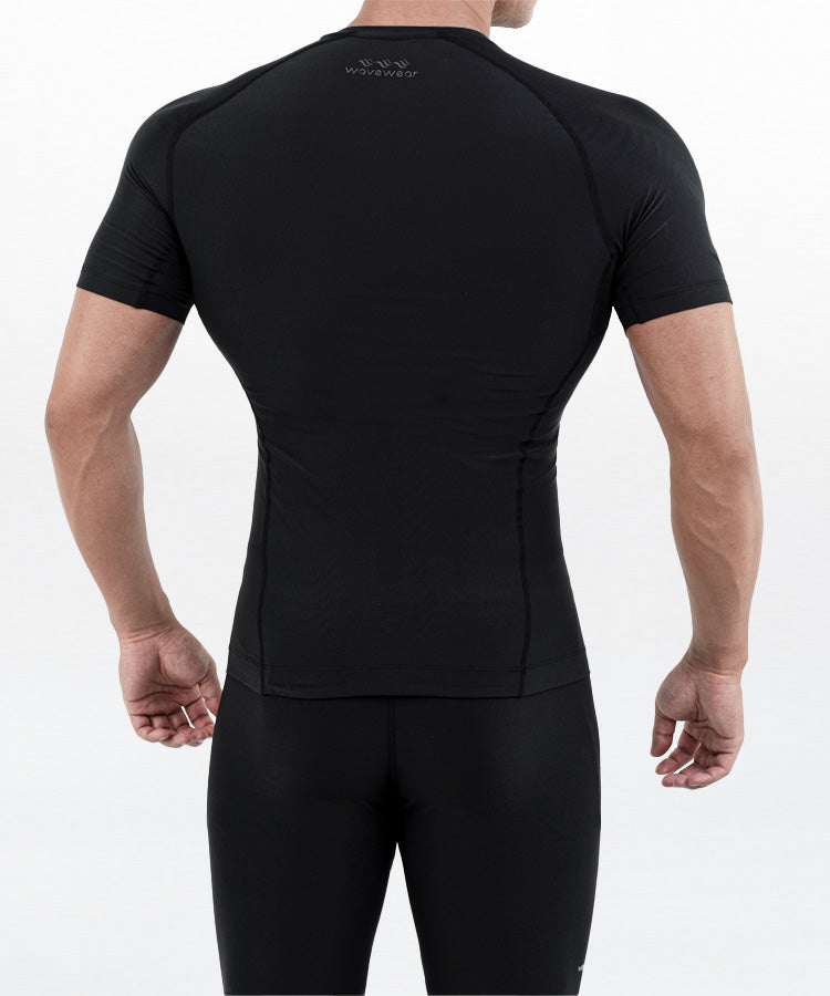 WaveWear men's compression top in black shown from back with short sleeves and fitted design