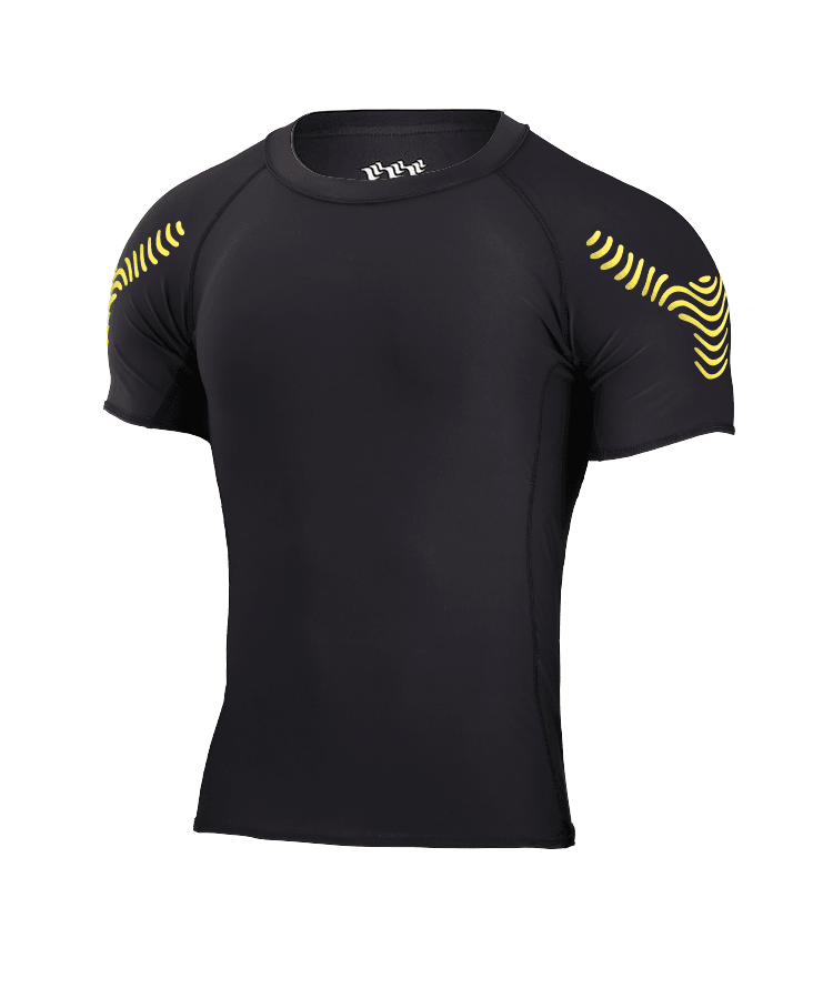 WaveWear black men's compression top with yellow patterned accents on shoulders
