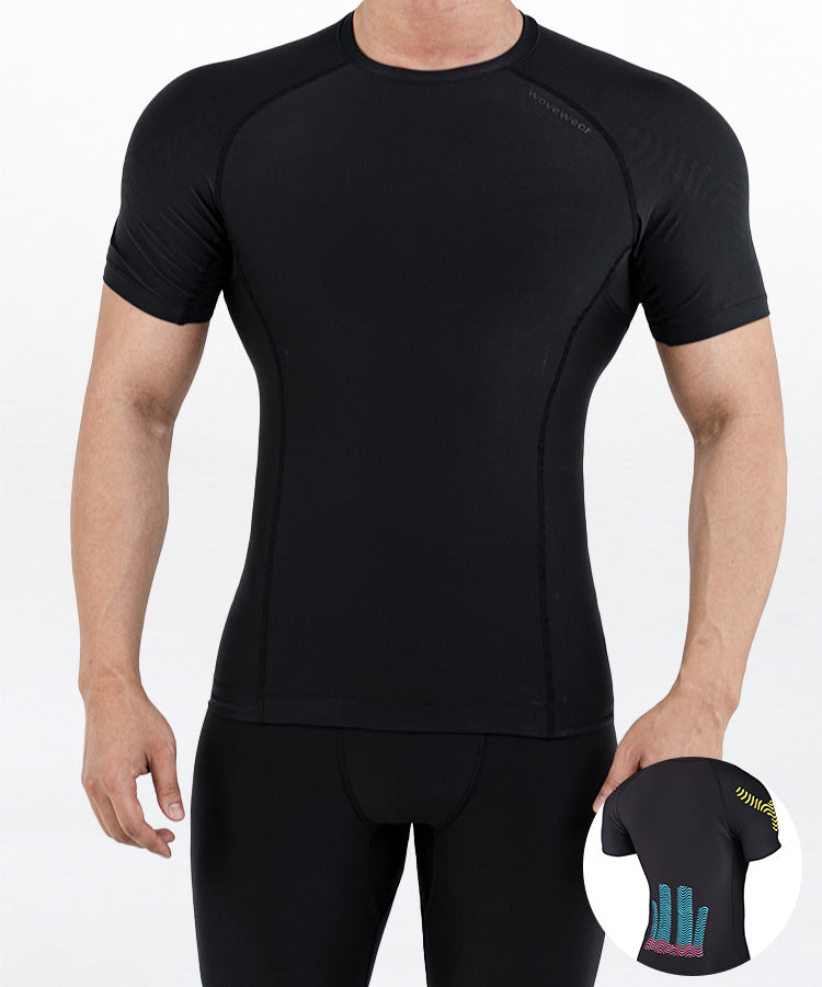 WaveWear men's compression top in black with short sleeves, designed for athletic performance and support