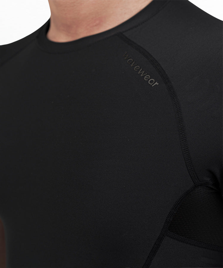 WaveWear black men's compression top with fitted design and seamless stitching for workout performance