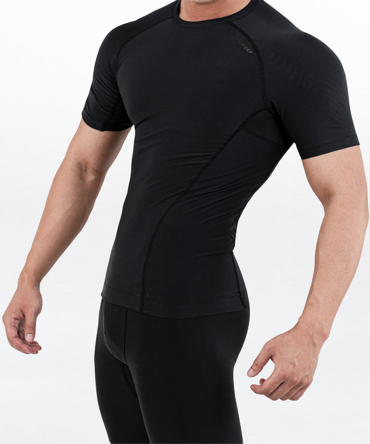 WaveWear men's compression top in black with short sleeves and fitted athletic design