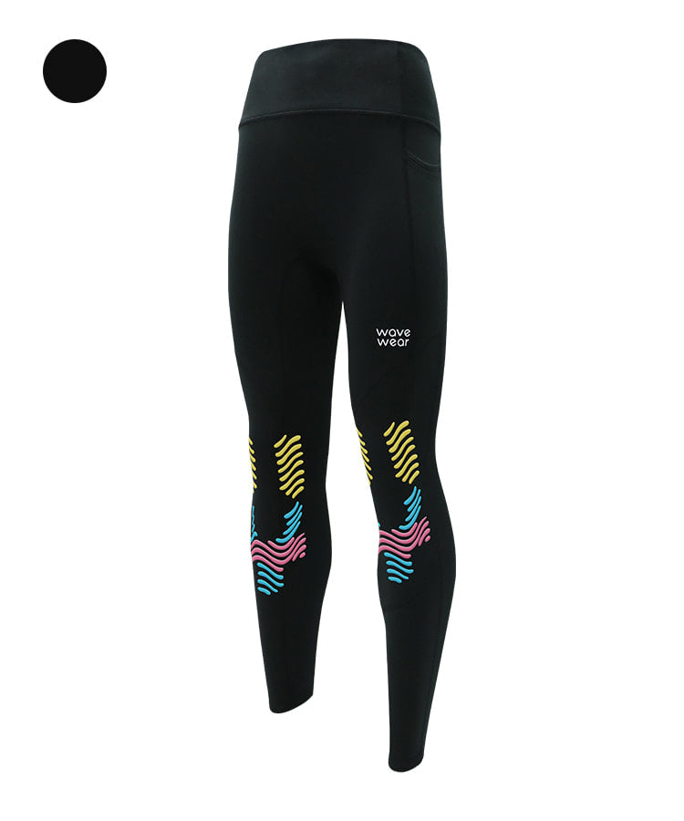 WaveWear black winter compression leggings women with colorful patterns and high waistband