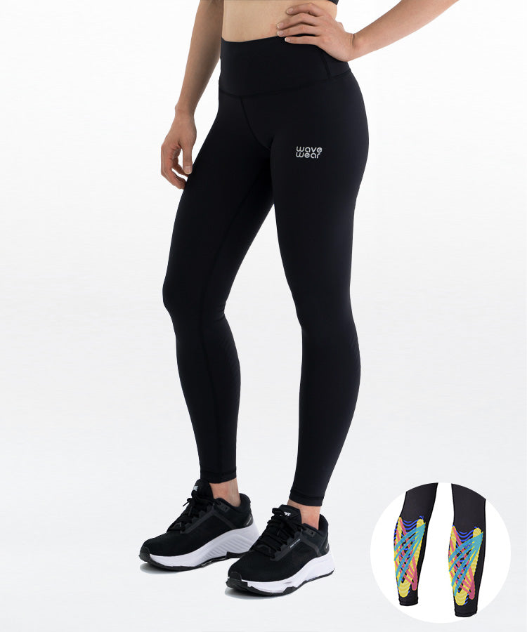 WaveWear black women's compression leggings with high waist and colorful back design for activewear