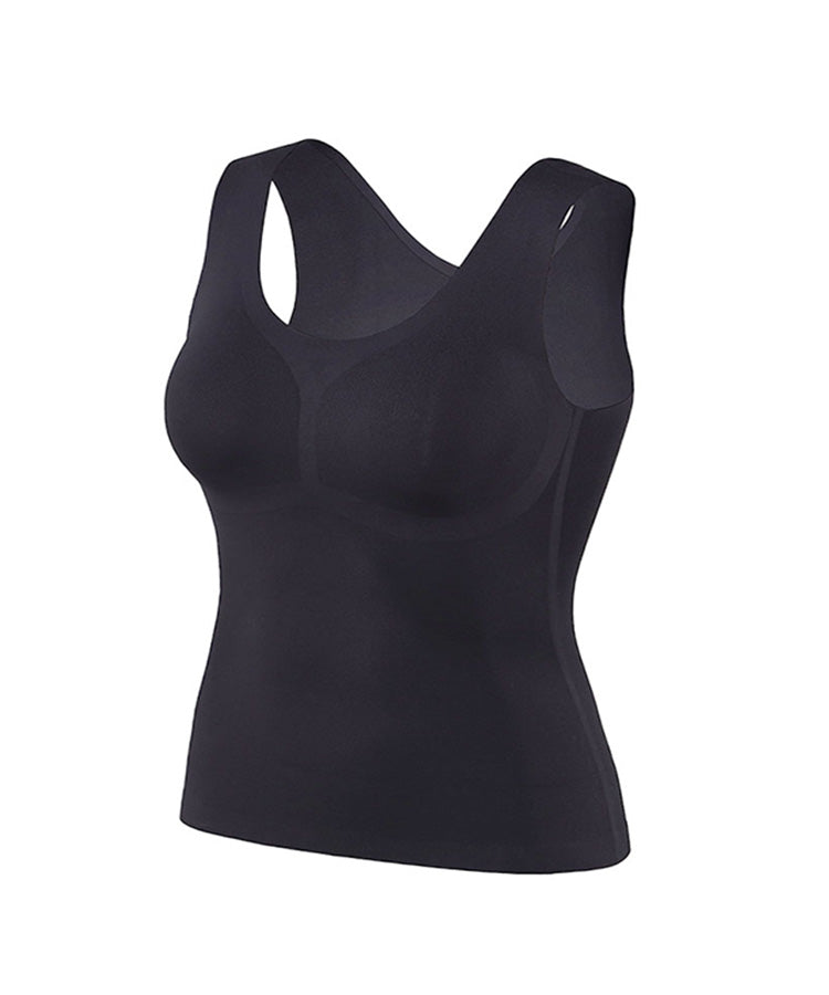 WaveWear black women's back support shapewear top with wide shoulder straps and seamless design