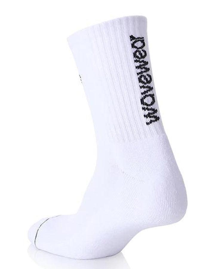 WaveWear white compression athletic socks with ribbed texture and black logo on side