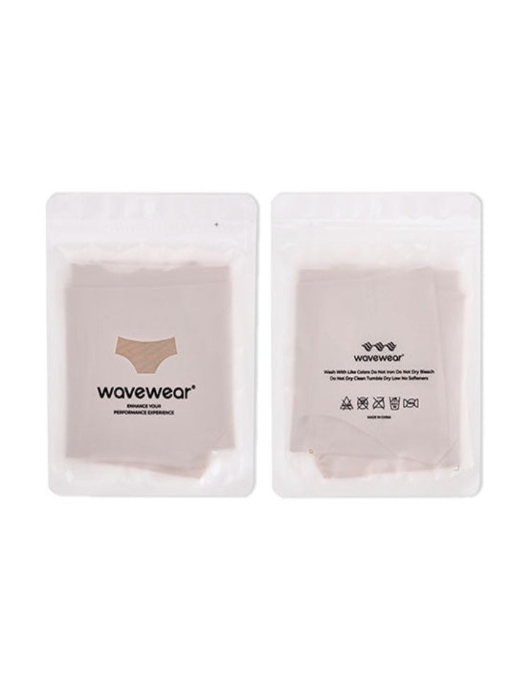 WaveWear women's seamless underwear packaged in clear resealable bags with logo and care instructions