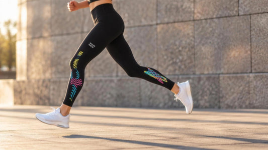 Side view of a woman running in WaveWear kinesiology taping compression leggings