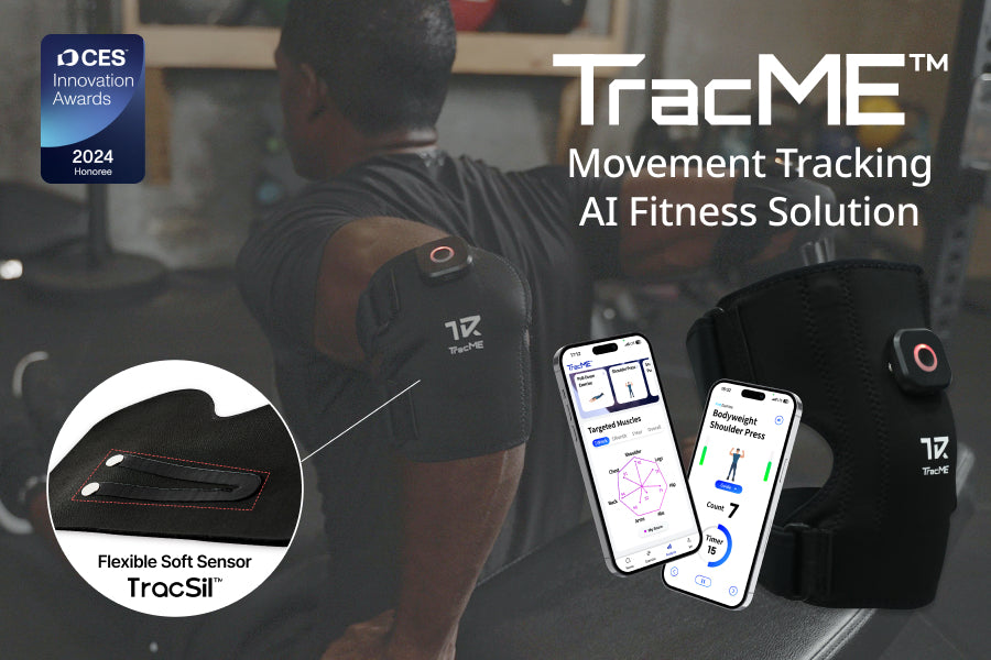 AI fitness coach for athletes using TracME movement tracking device and app with flexible soft sensor technology