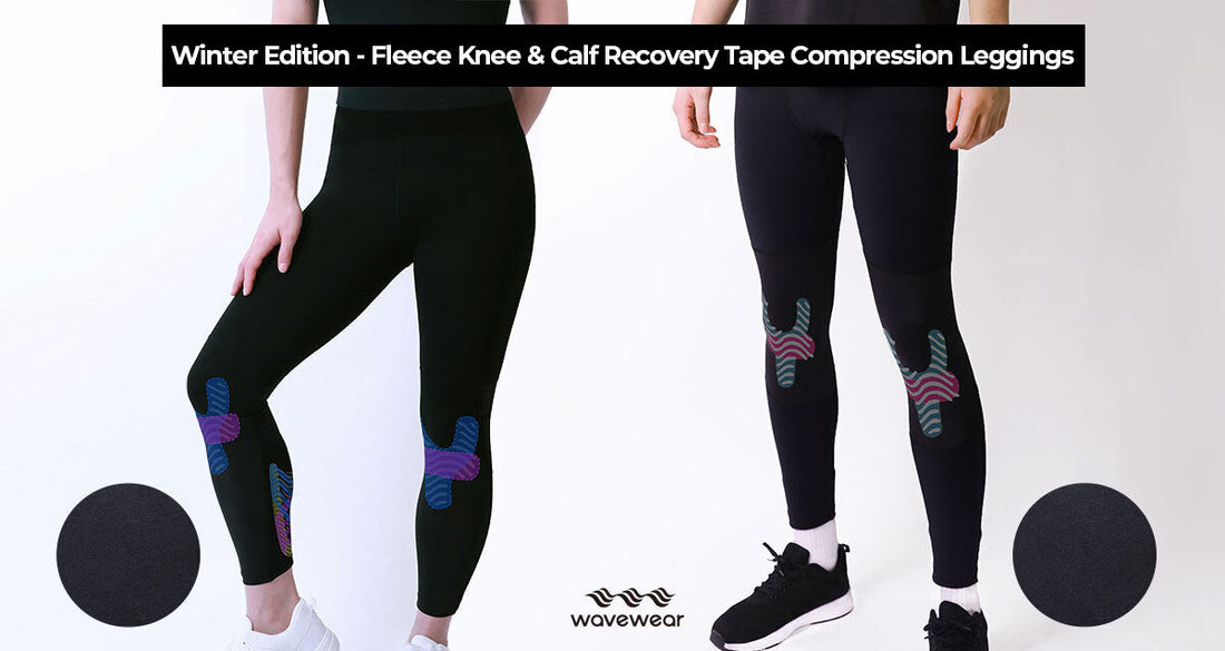Women wearing fleece lined leggings for winter workouts with knee and calf compression tape design