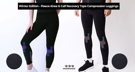 Women wearing fleece lined leggings for winter workouts with knee and calf compression tape design