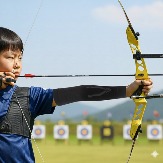 An archer carefully aiming their first shot