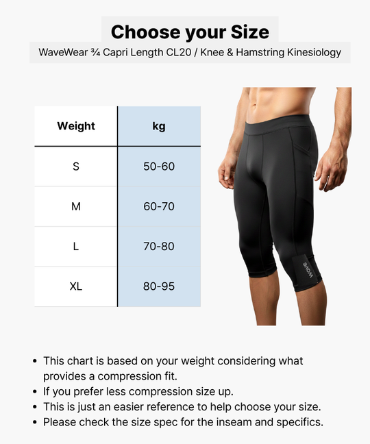 WaveWear CL20 3/4 Capri Leggings weight-based size chart for sizes S through XL with compression fit guide