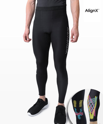 Man wearing WaveWear L20 Hetite Knee and Calf Kinesiology Compression Leggings in black with AlignX taping detail inset