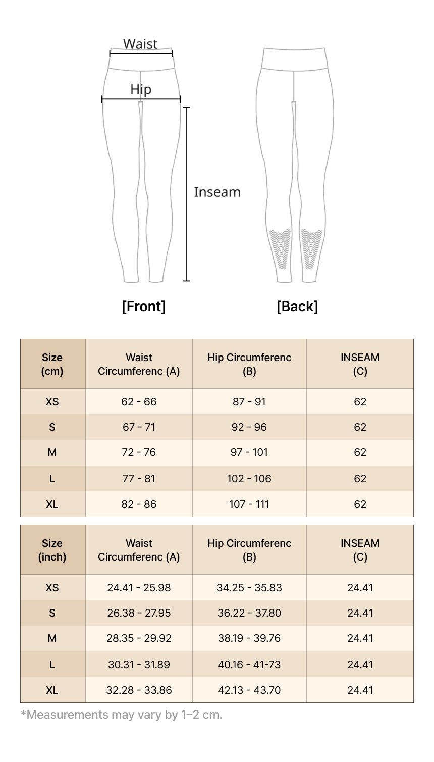 Legging de compression avec taping thérapeutique mollet Y10 size chart