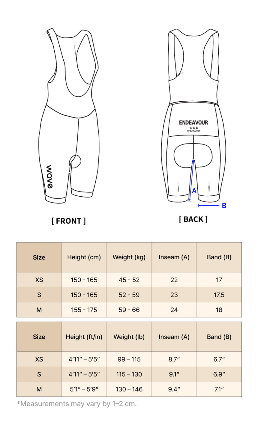 Cuissard à bretelles Endeavor kinésiologie pour le cyclisme size chart