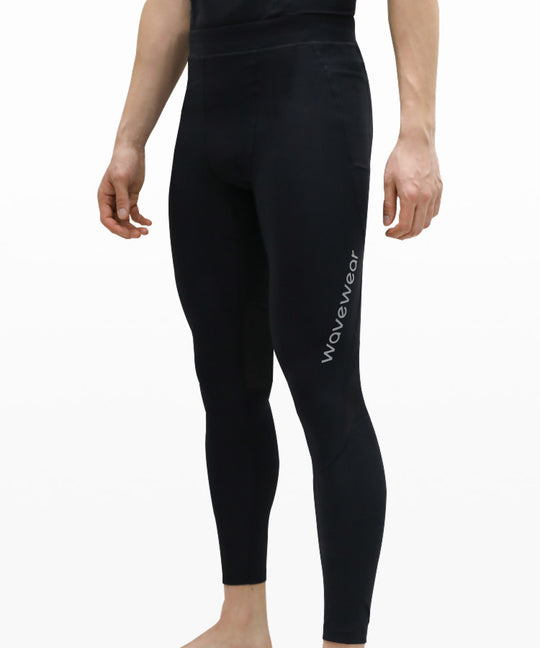 L30 Zipper Pocket Compression Leggings side view on model showing WaveWear vertical text branding and zipper side pocket