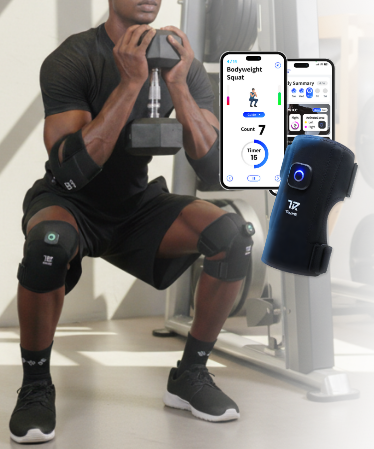 Person exercising with a kettlebell, surrounded by fitness technology devices on a white background