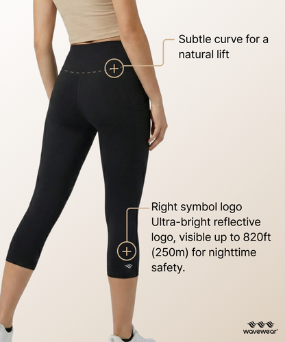 CY20 back feature infographic showing subtle curve design for natural lift and ultra-bright reflective WaveWear symbol logo for nighttime safety