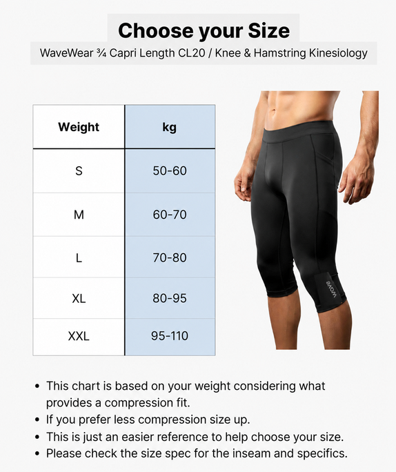 3/4 Capri Compression Leggings CL20 - Knee & Hamstring Kinesiology Support - Men
