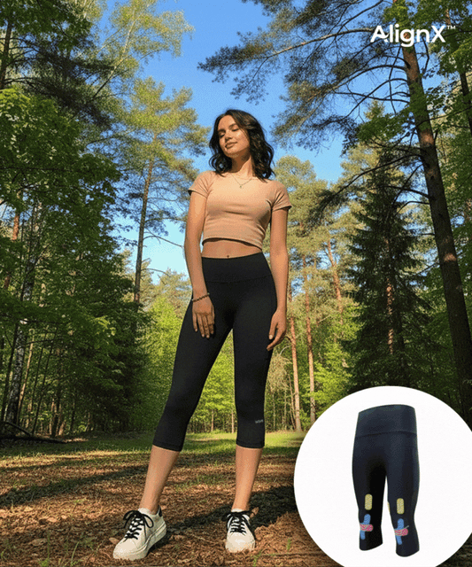 Woman wearing WaveWear CY20 3/4 Capri Compression Leggings in black outdoors in forest with AlignX kinesiology taping product inset