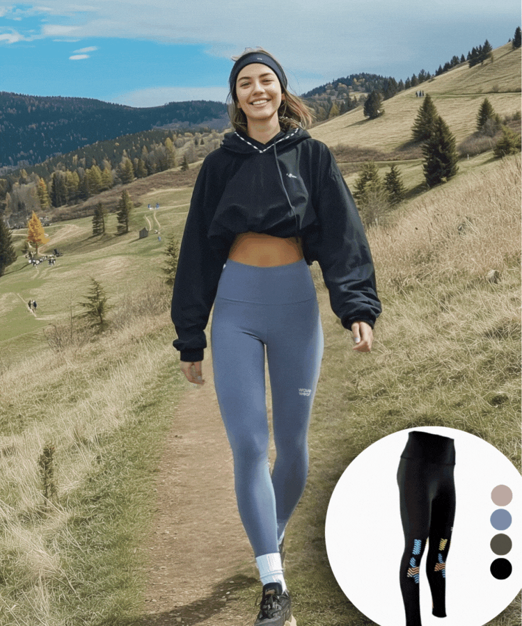 Woman wearing WaveWear Y30 High-waist Kinesiology Compression Leggings in pale blue outdoors with 4-color product inset showing black, ash beige, pale blue, and mocha brown