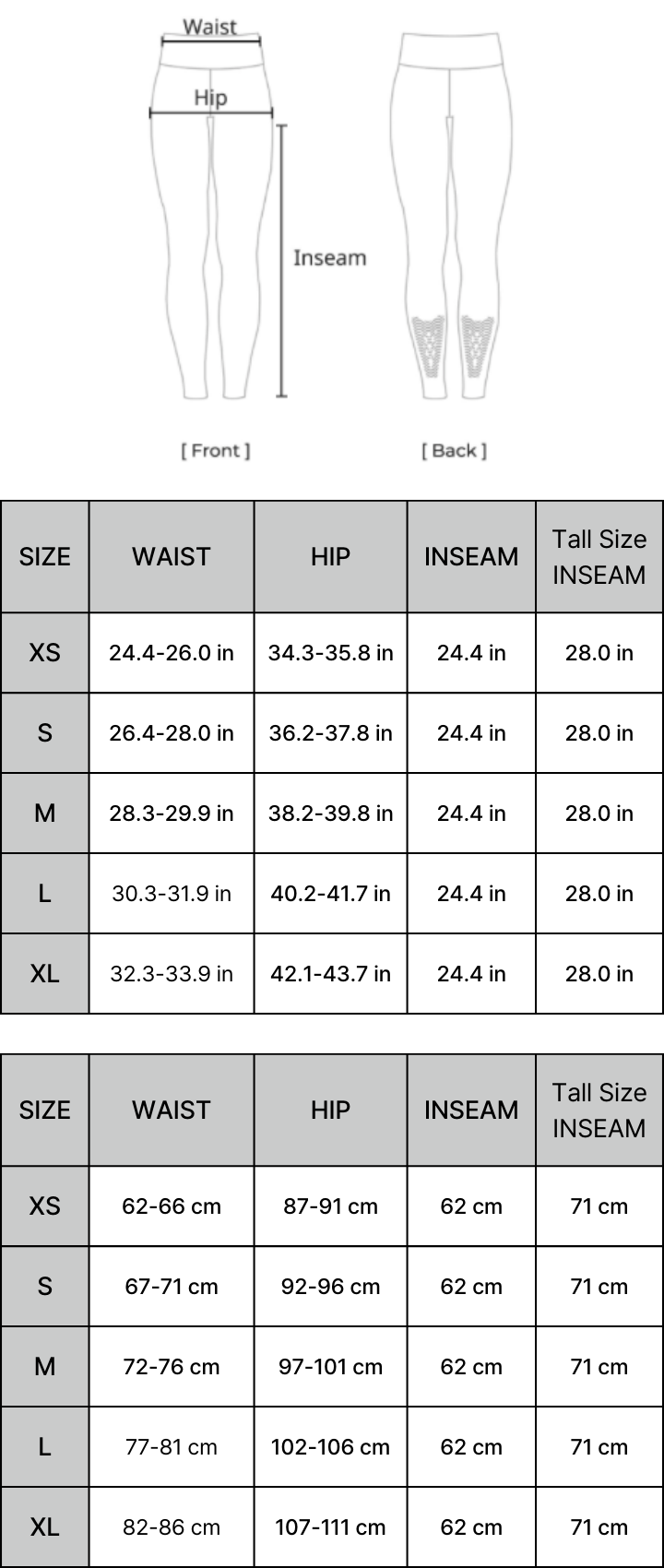 Legging de compression avec bande de récupération genou et mollet Y20 Classic size chart