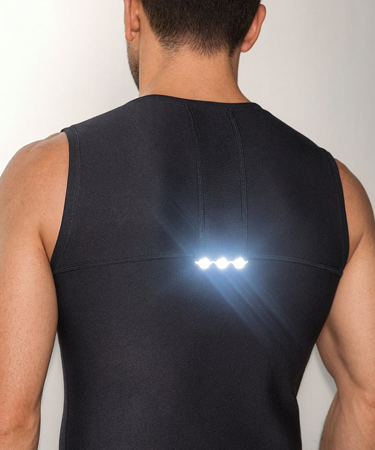 R10 Sleeveless Compression Top back view showing illuminated WaveWear logo on mid-back and compression muscle support fit