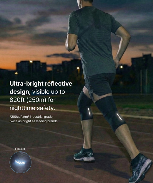 K2 knee sleeve reflective logo glowing during nighttime run, visible up to 820ft