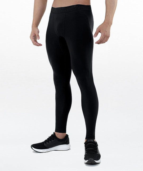 WaveWear L1 Kinesiology Tape Leggings for Men front view in black on model with athletic shoes