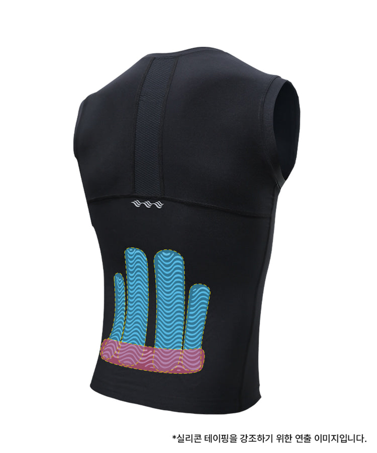 R10 Sleeveless Top back flat lay showing color-coded cyan back support and pink lower back kinesiology taping zones with silicone tape design