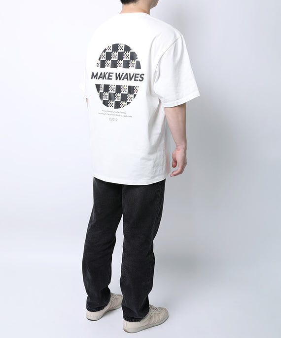 WaveWear comfortable sports tee for men in white with black checkered Make Waves graphic on back