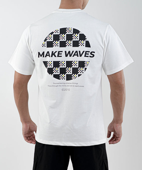 WaveWear white comfortable sports tee for men with Make Waves graphic on back