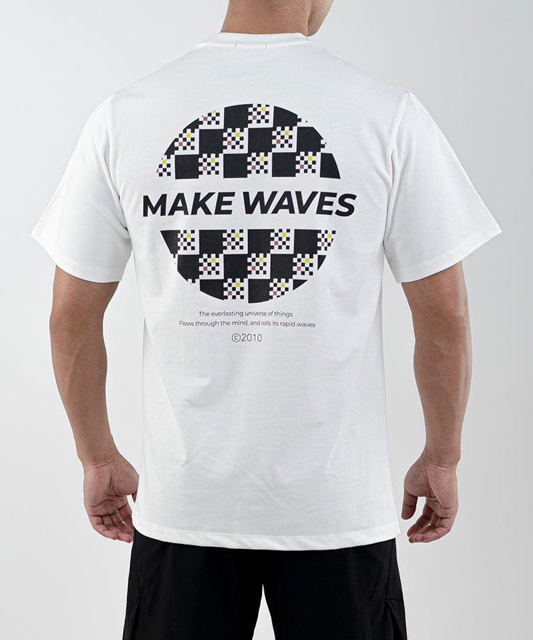 WaveWear white comfortable sports tee for men with Make Waves graphic on back