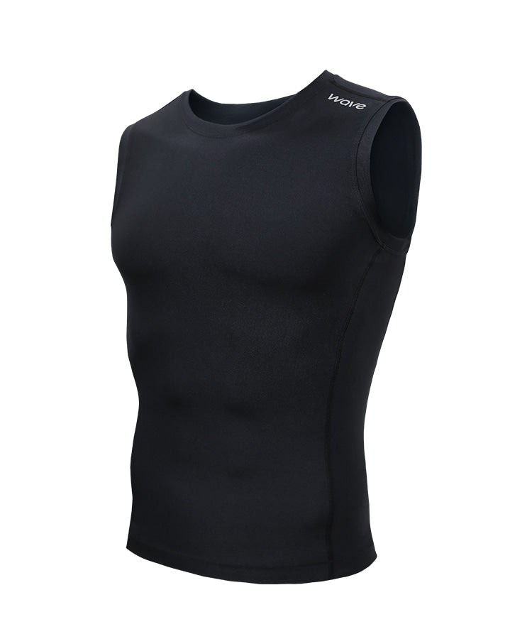 R10 Back Power Tape Compression Sleeveless Top front flat lay in black showing Wave chest logo and crew neck