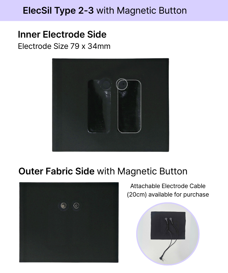 ElecSil Type 2-3 conductive e-textile for recovery with inner electrode and outer fabric side featuring magnetic button